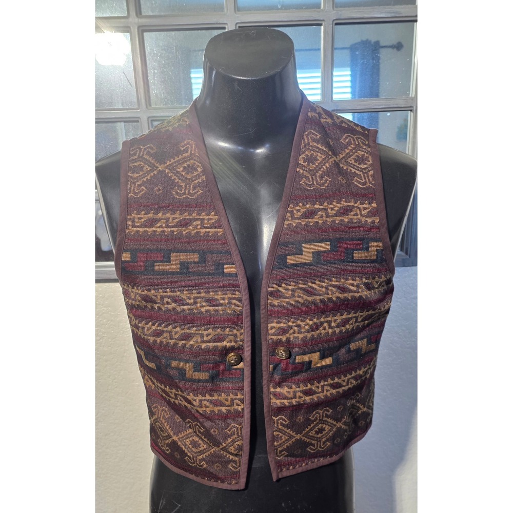 Jones New York Country Womens Large Southwestern Tapestry Wool Blend Vest Brown